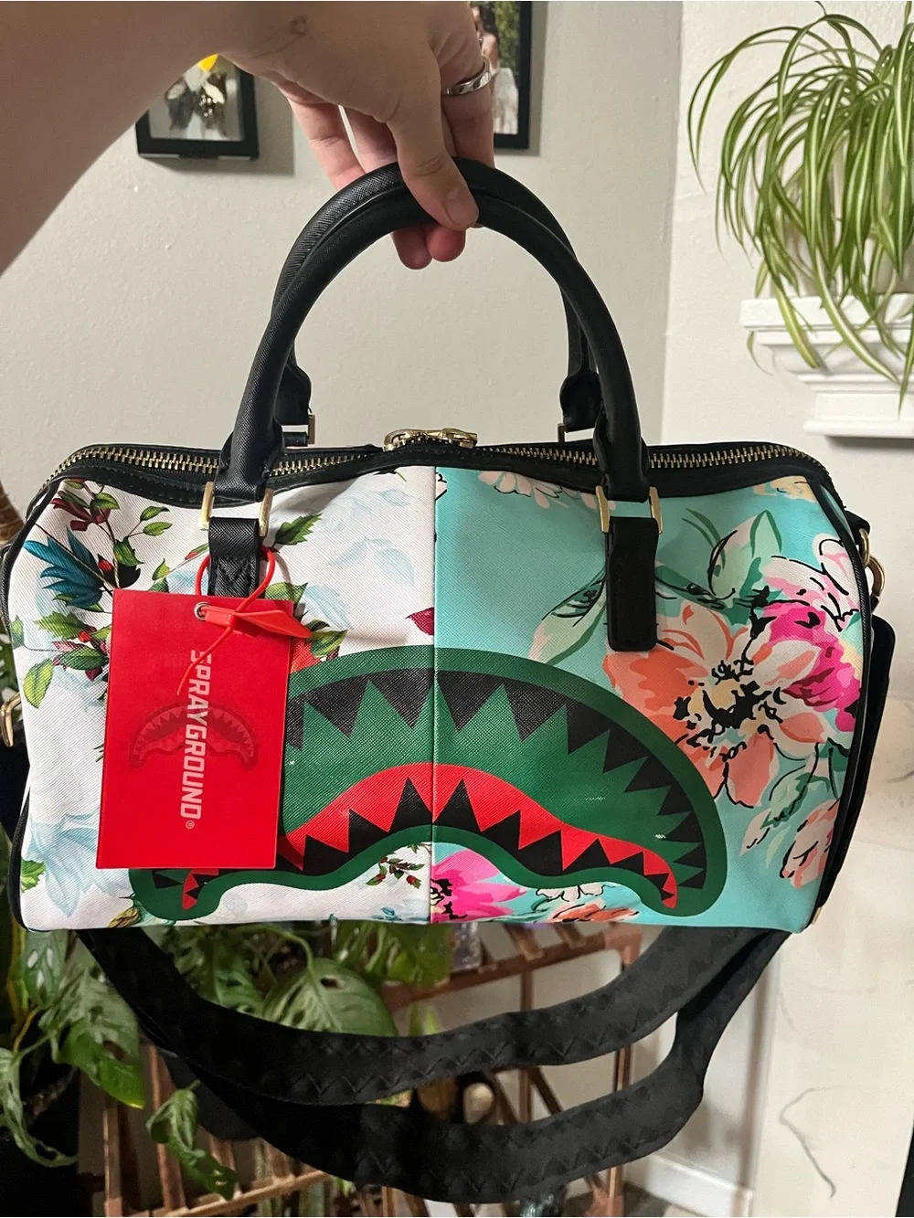 Sprayground Floral Shark Satchel in Teal, Black, Pink